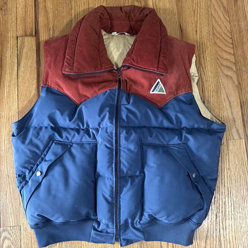 VTG Ascente Blue Orange Down Puffer Tan Corduroy Western Vest Men XL EUC Corp